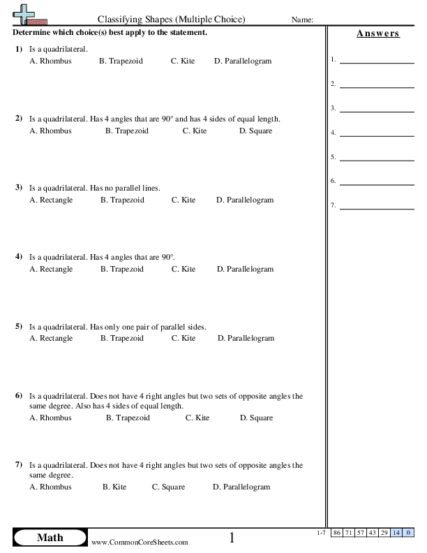 5.g.3 Worksheets - Classifying Shapes (Multiple Choice) worksheet